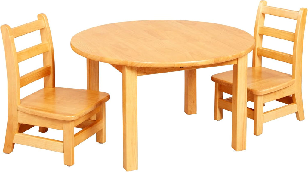ECR4Kids 30in D Round Hardwood Table with 16in Legs and Two 8in Chairs, Kids Furniture, Honey | Durable rubberwood, GREENGUARD Gold Certified, ANSI/BIFMA Compliant, 2-3 years, 74 lb seat capacity, classroom & home use