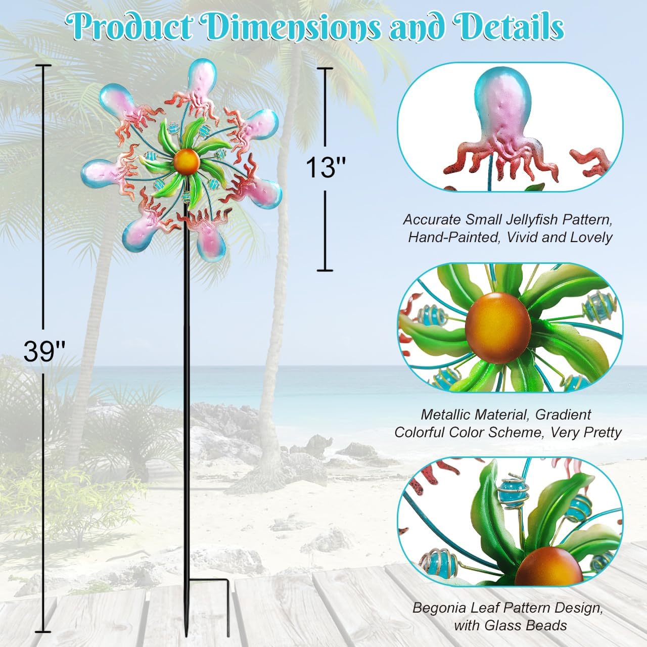 Jellyfish Wind Spinners - 39" Ocean-Themed Metal Wind Sculptures Garden Stake Art, 13.5” Windmill Yard Kinetic, Outdoor Decor for Patio & Lawn - Metal Beach Sculpture with Jellyfish Design