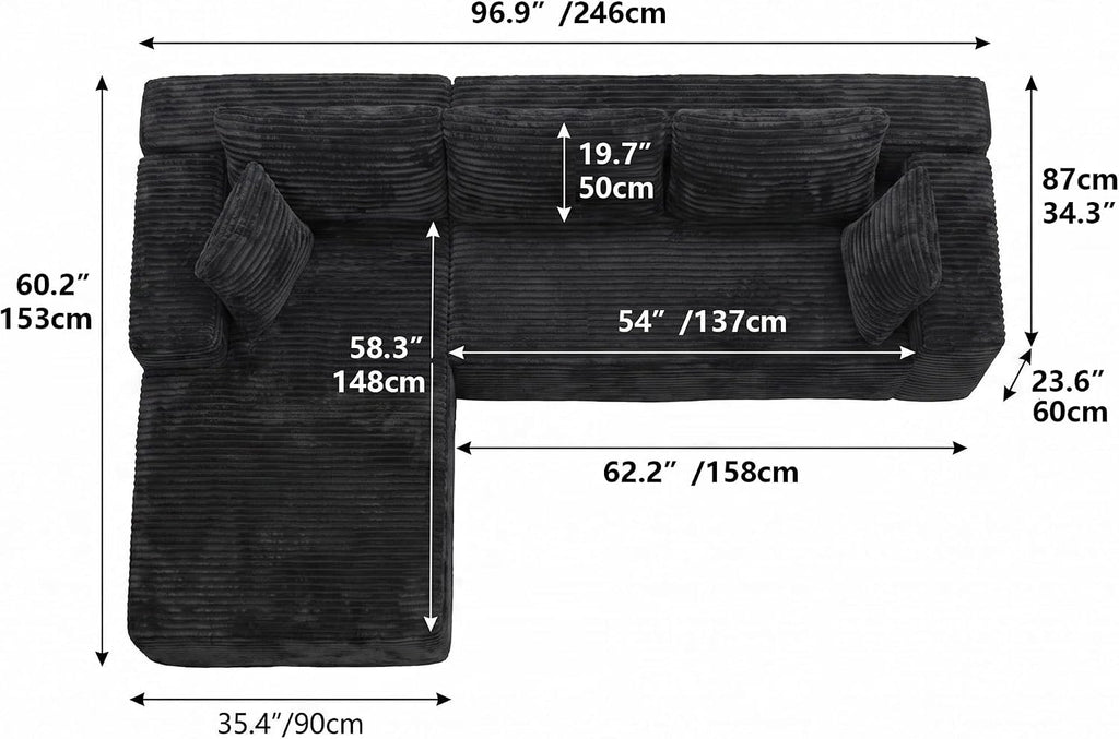Couch Modular Sectional Sofa Cloud Couch | Oversized Deep-Seat Wide-Wale Corduroy L-Shaped Sectional Couch for Living Room, Apartment and Family Room