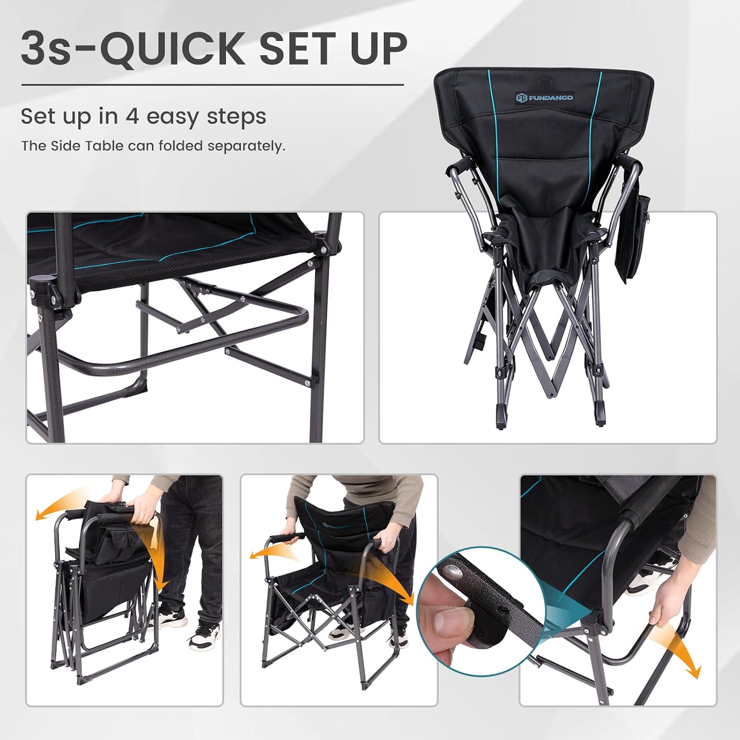 FUNDANGO Oversized Folding Chairs for Outside, Fully Padded Camping Director Chair for Adults, Support 450lbs Portable lawn chairs with Side Table, Side Pockets for outdoor Camp, Picnic, Lawn, Concert
