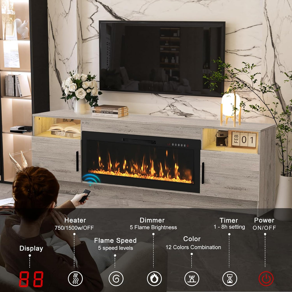 Kucreiheat Electric Fireplace TV Stand with Led Lights-42 Fireplace Entertainment Center for Up to 90 inch TV-Modern TV Console for Living Room with Storage Cabinet, Oak Grey