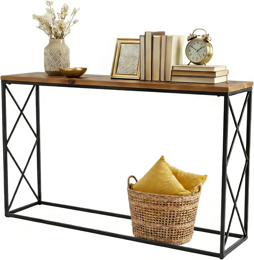DDK 40" Narrow Console Table, Thin Sofa Side Entryway Table with X-Shaped Metal Frame, Rustic Wood Entry Way Display Table for Hallway, Living Room, Small Spaces