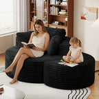 Oversized Round Chaise Longue Chair with Ottoman, Modern Corduroy Deep Seat Circle Single Cloud Floor Accent Chair w/Cup Holders for Living Room, Bedroom Apartment, 55" W * 74.6" D, Black