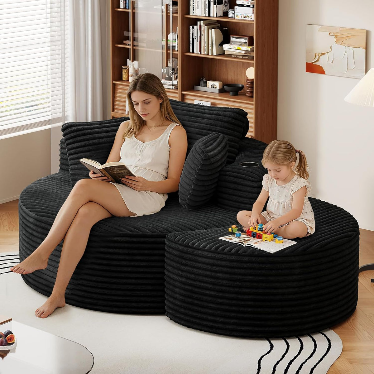 Oversized Round Chaise Longue Chair with Ottoman, Modern Corduroy Deep Seat Circle Single Cloud Floor Accent Chair w/Cup Holders for Living Room, Bedroom Apartment, 55" W * 74.6" D, Black
