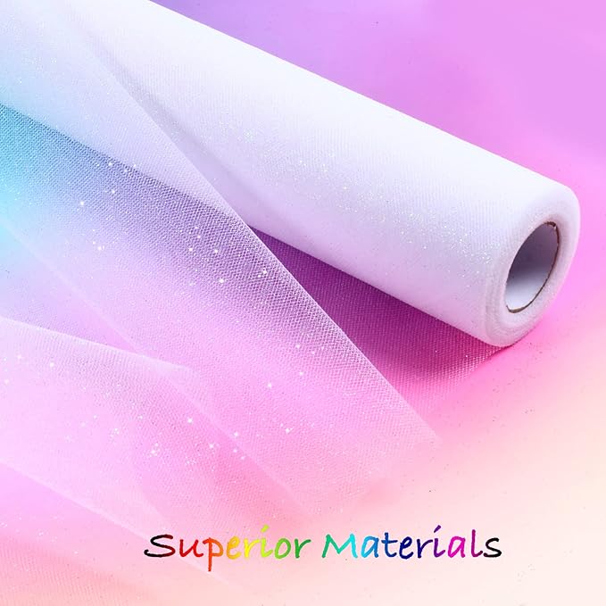 Sparkling Tulle Rolls, 15” by 30 Yards (90FT) Glitter Tulle Spool Ribbon Fabric for Wedding Birthday Bridal Shower Tutu Skirt Party Gift Wrapping (White)