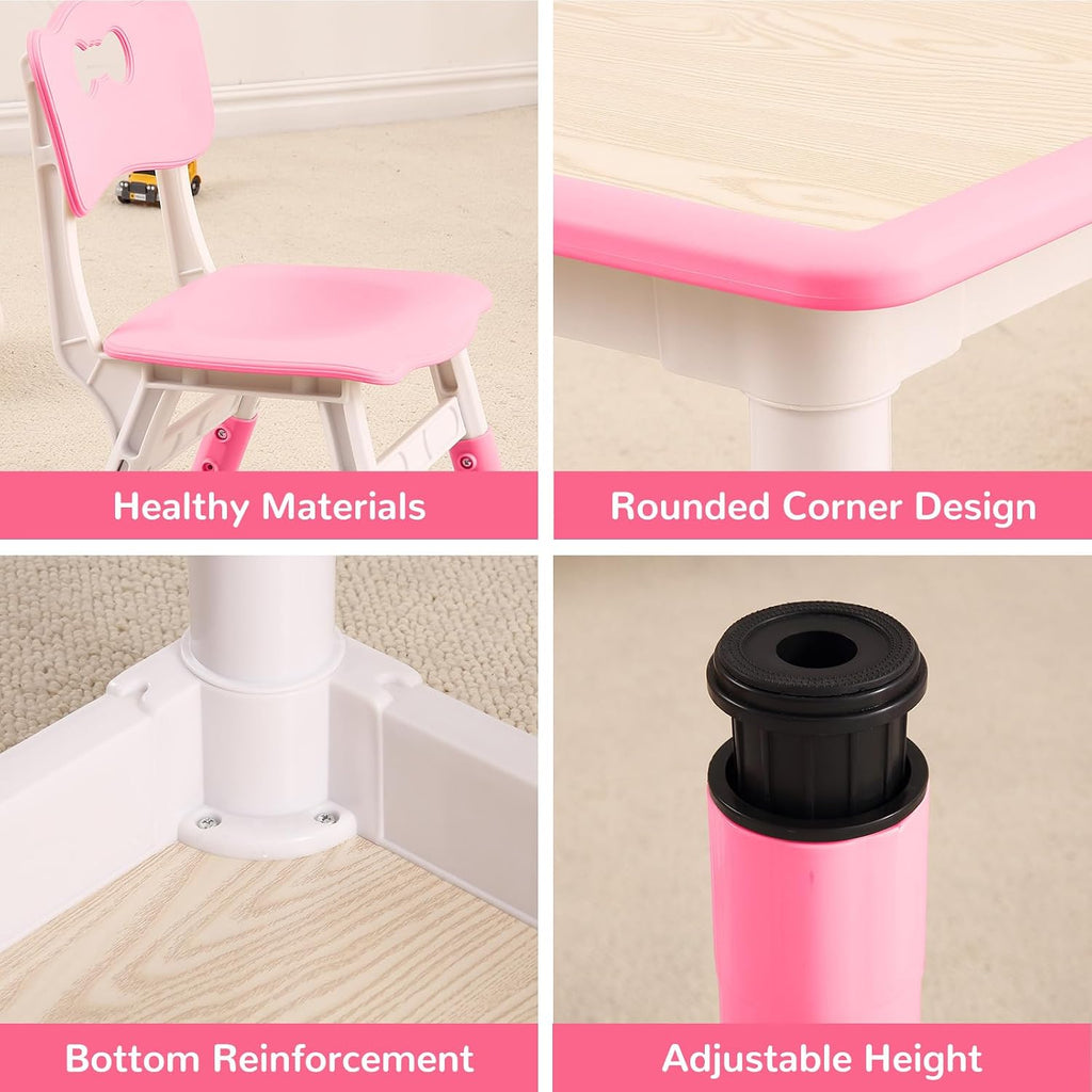 Kids Table and Chairs, Height Adjustable Toddler Table and 4 Chair, Multi-Activity Table with Graffiti Desktop Non-Slip Legs for Ages 2-10, Children Activity Table for Daycare, Classroom, Home
