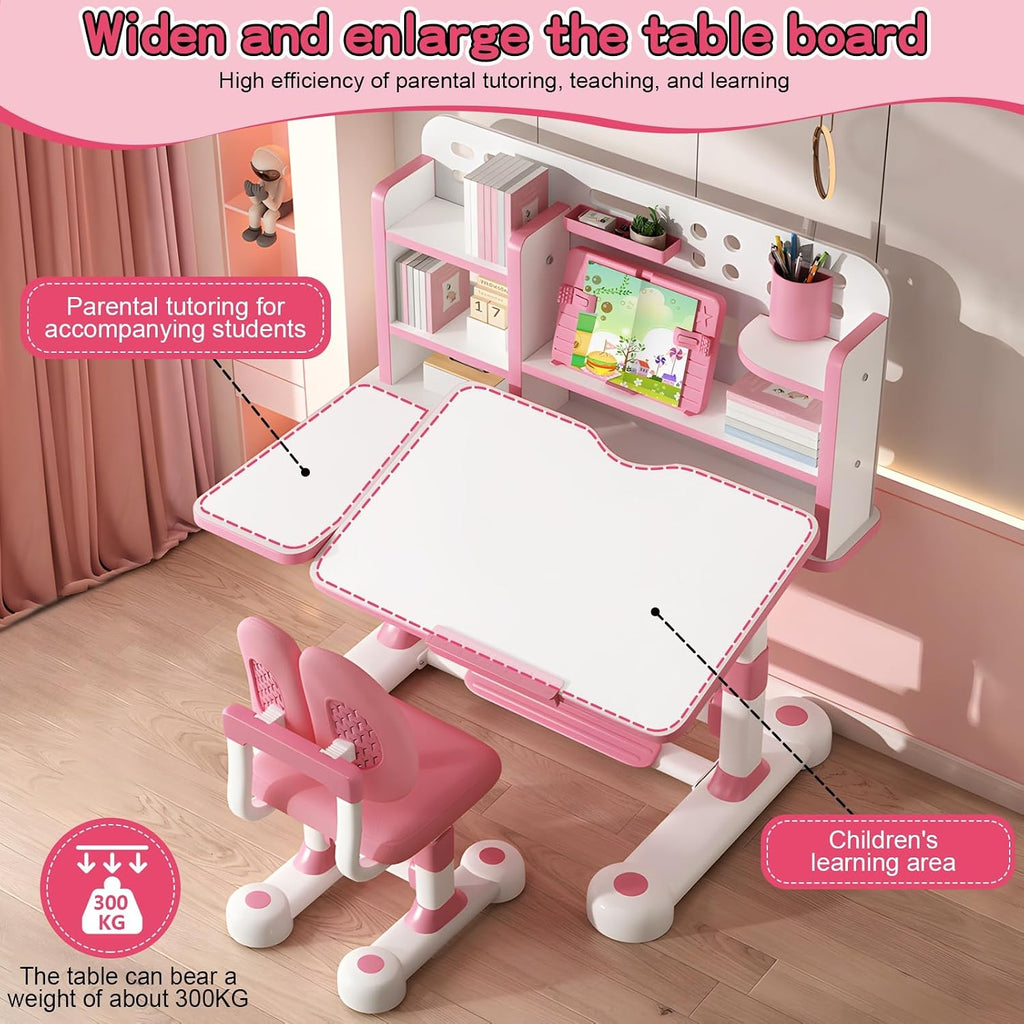 Kids Desk and Chair Set, Height Adjustable Kids Study Desk with Bookshelf and Storage Drawer, 50 Degree Tiltable Desktop Children’s Table and Chairs for Bedroom Study Room Pink