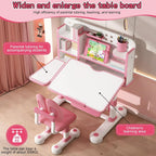 Kids Desk and Chair Set, Height Adjustable Kids Study Desk with Bookshelf and Storage Drawer, 50 Degree Tiltable Desktop Children’s Table and Chairs for Bedroom Study Room Pink