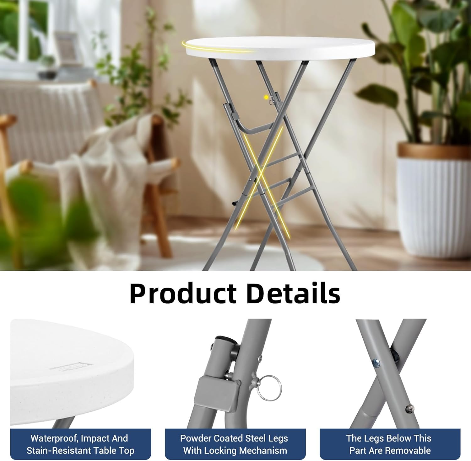 Byliable 28in Cocktail Folding Table, Round High Top Bar Height White Table | Portable Foldable Design with Removable Legs, Two Folding Methods, HDPE Tabletop, Indoor Outdoor for Parties, Patio, Events