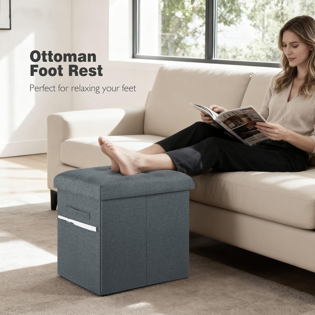 Storage Ottoman, Foot Rest Stool with Thicker Foam Padded Seat. 61L Slim Tall Foldable Linen Footstool Storage Bench Small Ottoman for Living Room, Bedroom. 350lbs Load Capacity, 17x13x17in, Dark Gray