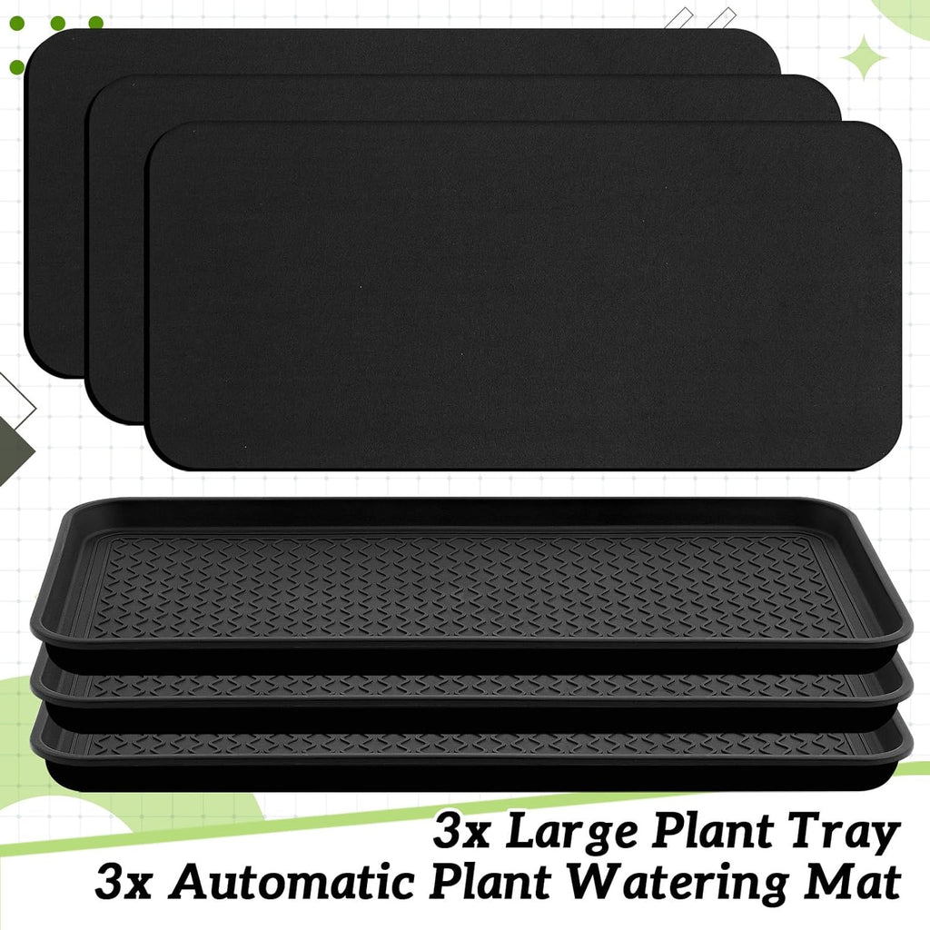 Vesici 3 Set/6 Pcs Large Self-Watering Plant Trays (30"x15") and 3mm Capillary Mat-Automatic Watering System for Indoor/Outdoor Plants, Durable Plastic Seedling Trays for Potted Plant, Garden