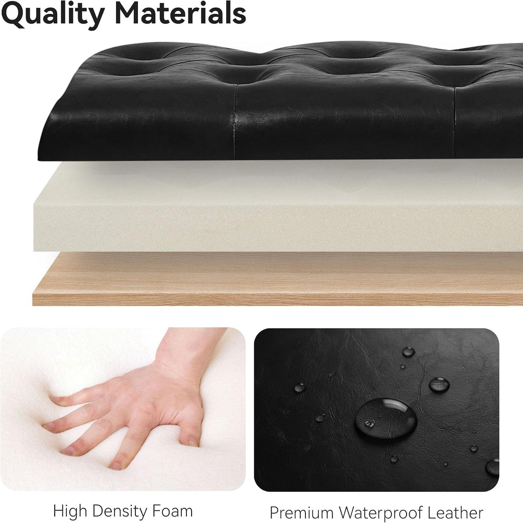 WUTUTUEE 47" Modern Water-Resistant Faux Leather Storage Ottoman Bench with Wooden Legs, Upholstered End of Bed Bench for Bedroom, Living Room or Entryway, Black