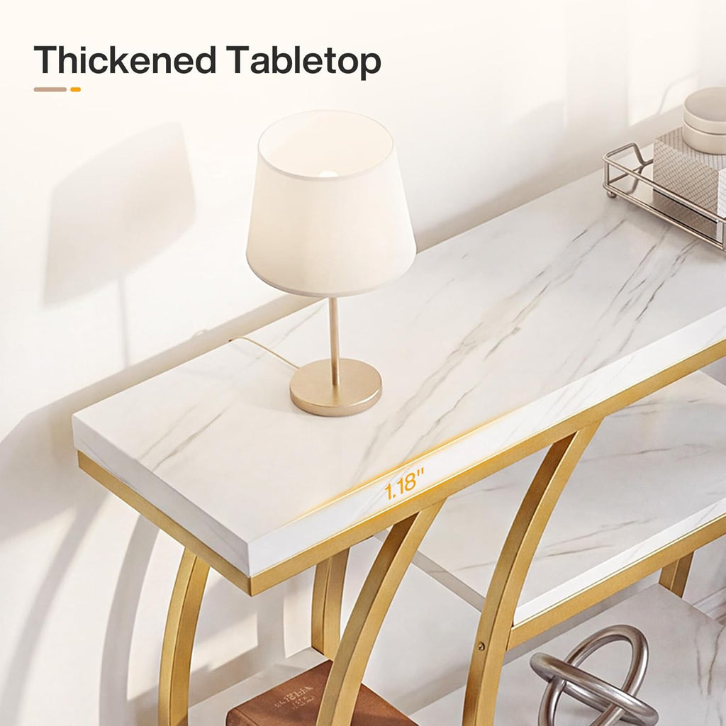 Tribesigns Modern Console Table, 41.3" Narrow Entryway Table with Storage Shelves & Faux Marble Top, 5-Tier Sofa Tables Behind Couch with Arched Metal Frame for Living Room, Hallway (Gold & White)