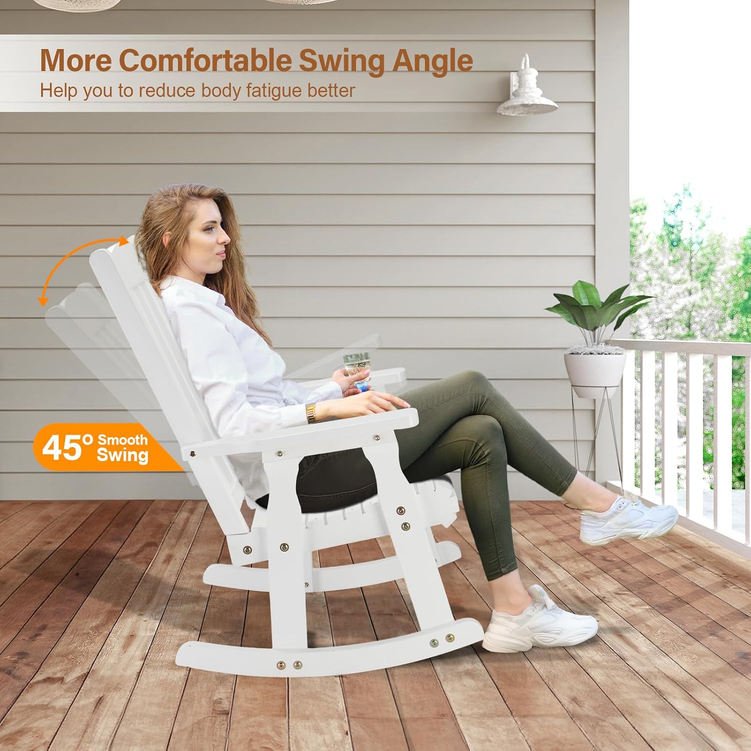 VINGLI Outdoor Rocking Chair, Heavy Duty 600 LBS Wooden Rocker, White(1PC) | High & Comfortable Backrest, Weatherproof Patio Rocker with Ergonomic Design, for Patio, Garden, Porch
