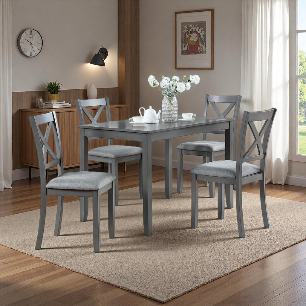 RuiSiSi 5 Piece Dining Table Set for 4, Farmhouse Kitchen Table with 4 Padded Seat Chairs, Wood 5 Piece Dinette Set Rectangular Table for Kitchen, Living Room, Gray