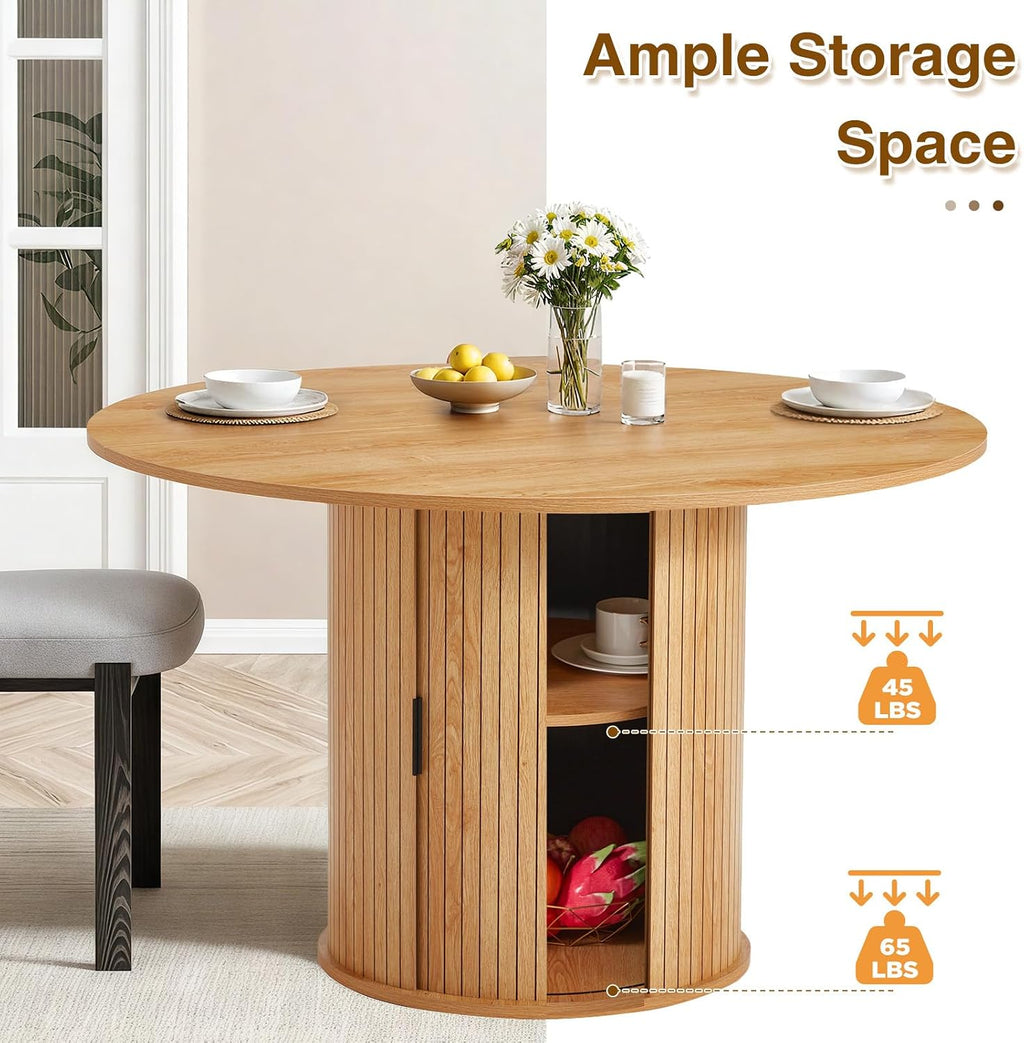AVAWING 47-inch Round Dining Table for 4-6, Circle Fluted Kitchen Table with 2-Layer Storage Shelf and Wood Slide Door, Mid-Century Modern Fluted Design Wooden Dining Desk for Dining Room, Natural
