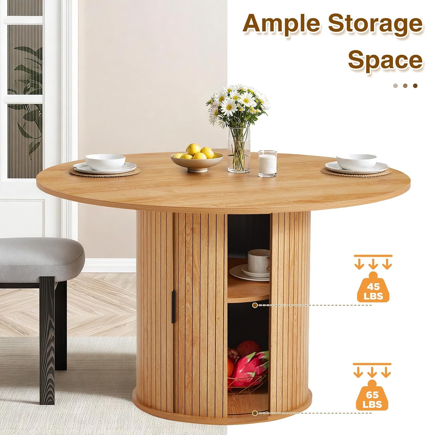 AVAWING 47-inch Round Dining Table for 4-6, Circle Fluted Kitchen Table with 2-Layer Storage Shelf and Wood Slide Door, Mid-Century Modern Fluted Design Wooden Dining Desk for Dining Room, Natural