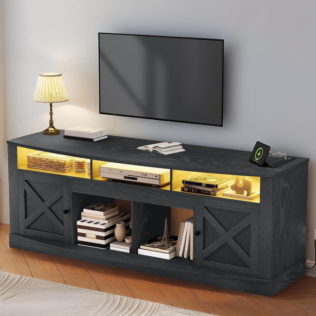 YITAHOME TV Stand with Curved Desktop for 75/80 Inch TVs, Black | Entertainment Center with LED Lights, Media Furniture TV Table with with Power Outlet, TV Consoles for Living Room