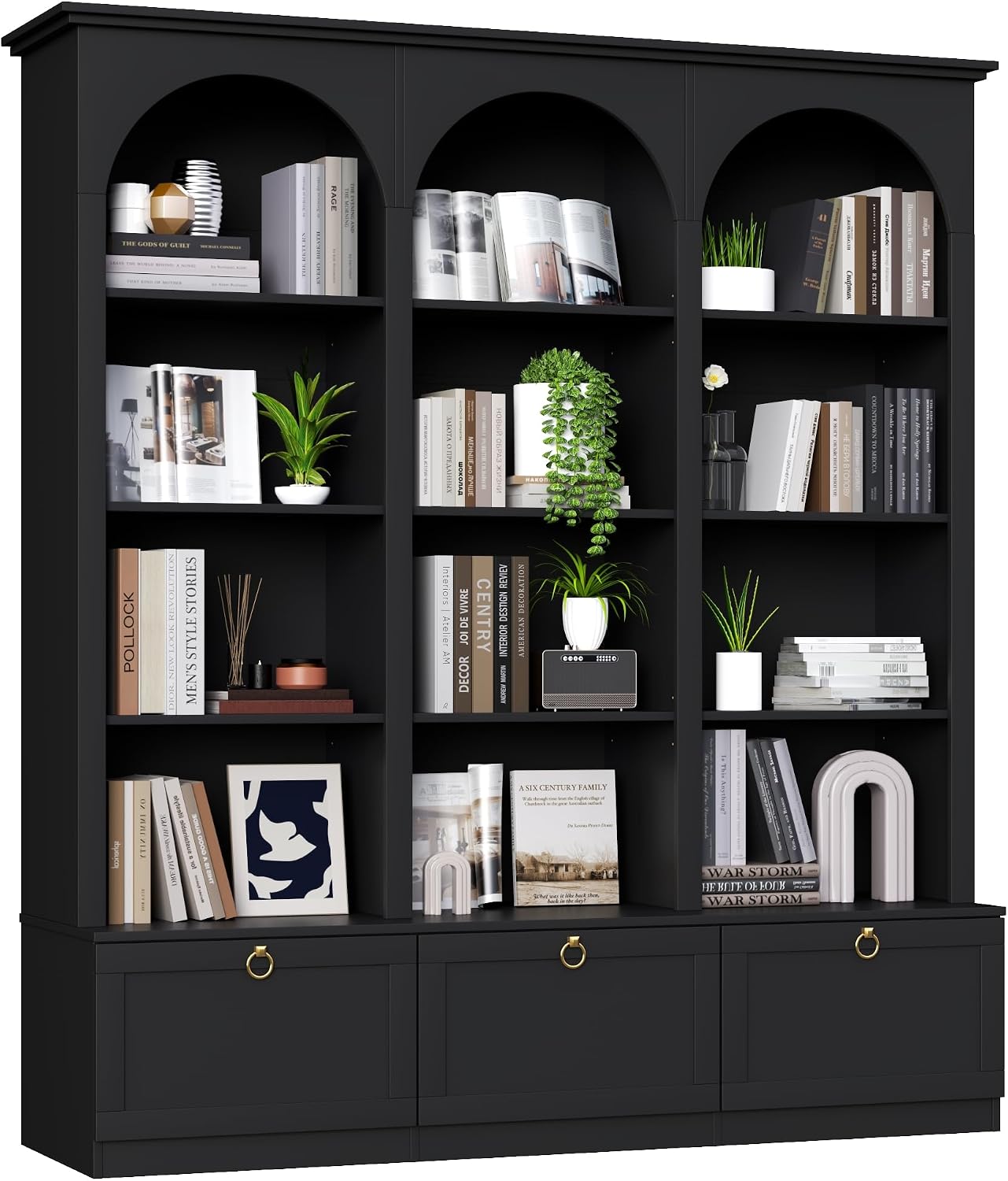 71" Tall Triple Wide Bookshelf with Doors, 5-Tier Large Arched Bookcase