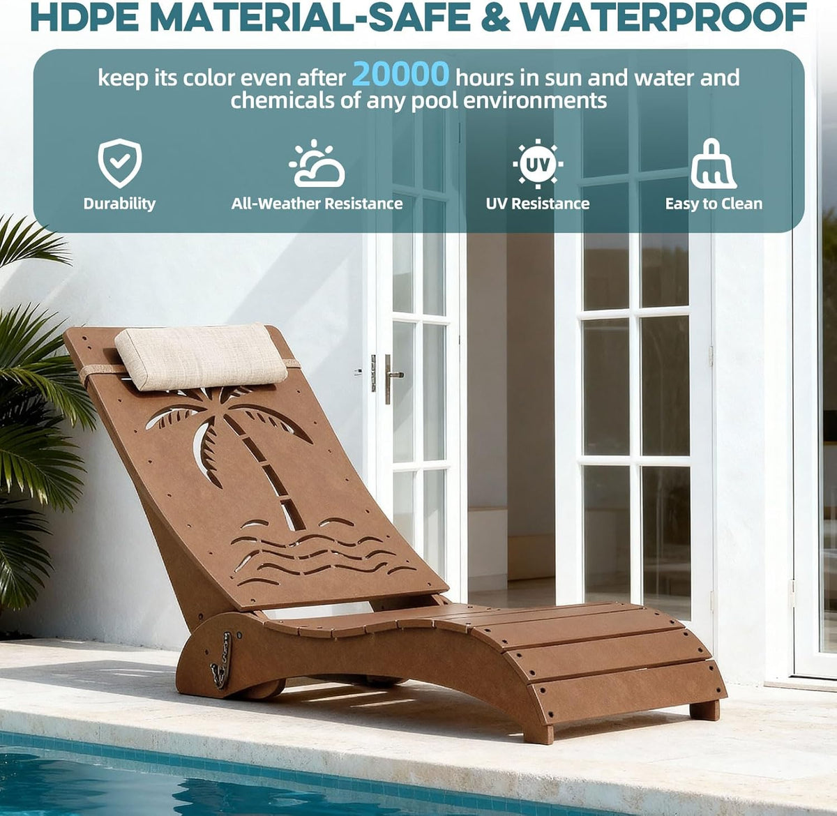 in Pool Lounge Chairs Set of 2, HDPE Pool Chaise Loungers for Sun Shelf up to 9 Inches, Fade-Resistant, 3-Position Adjustable Backrest with Headrest, Ergonomic Poolside Lounger, Teak