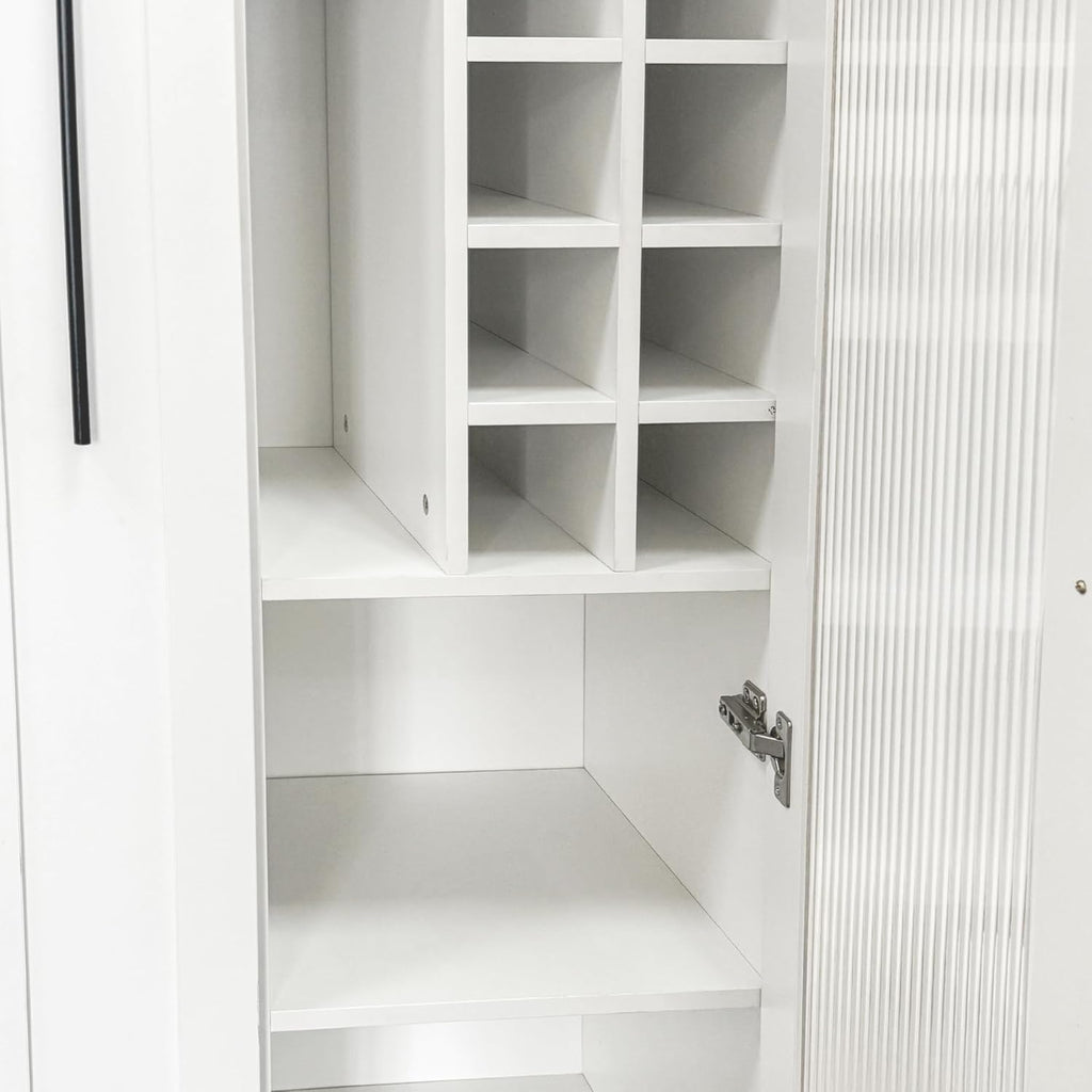 Pull-Out Kitchen Pantry Cabinet with Multi-Tier Shelves, Glass Doors & Spice Rack, Freestanding Wood Hutch Storage Cabinet Next to Refrigerator for Coffee Bar, Dining Room, Narrow Spaces