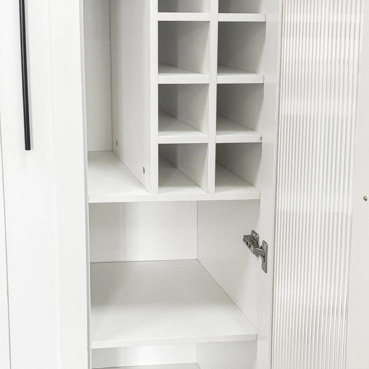 Pull-Out Kitchen Pantry Cabinet with Multi-Tier Shelves, Glass Doors & Spice Rack, Freestanding Wood Hutch Storage Cabinet Next to Refrigerator for Coffee Bar, Dining Room, Narrow Spaces