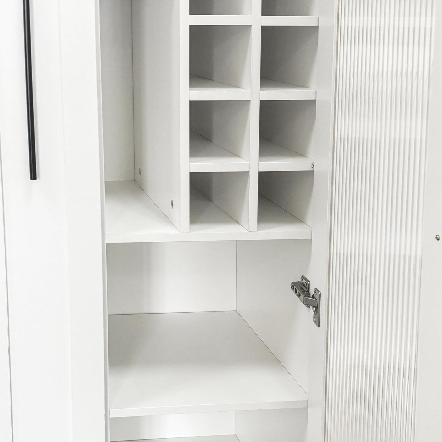 Kitchen Pantry Cabinet with 5-Tier Slim Mobile Shelving Cart, Narrow Pull-Out Utility Cart, Space Saving Storage Organizer Cabinet with Glass Door Wine Racks Cup Holder, Corner Pantry, Home Bar, White