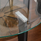 LEEMTORIG Round Glass End Table for Living Room, 23.8" Dia. x 24.4" H Modern Circle End Table with 8mm Thickened Tempered Glass, 2-Tier Side Table with Unique Wood Shelf, Black Metal Frame, CJZ-B2616