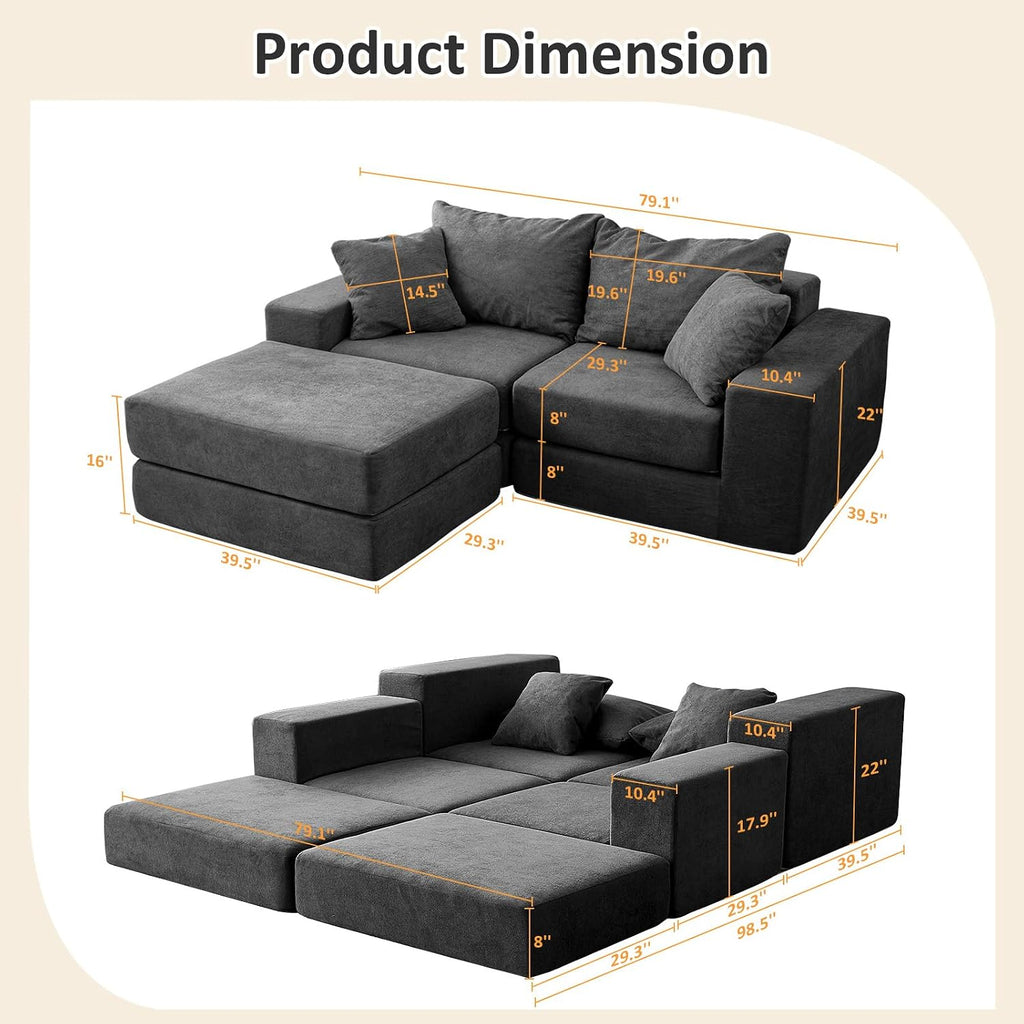 Modular Sectional Loveseat Cloud Sofa with Ottoman, Grey, 79''