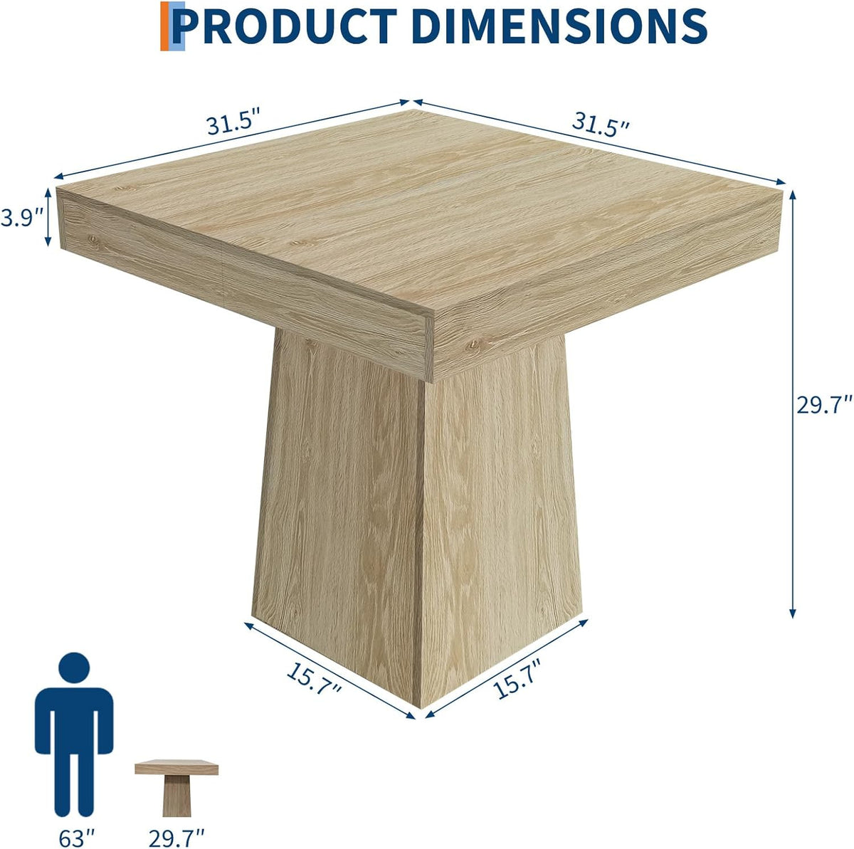 Space-Saving Square Dining Table for 4 – Modern Farmhouse Style with Wooden Pedestal Base – 31.5" Compact Table Ideal for Dining Room, Living Room, Apartment – Natural Wood Color YS042 Matte Surface