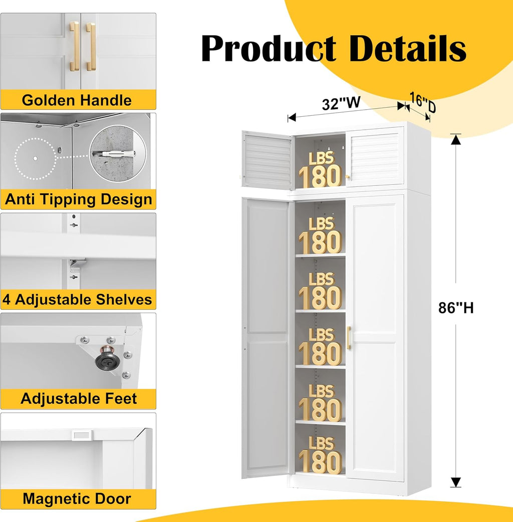 SteeLoong 86“ Kitchen Pantry Cabinet,Metal Storage Cabinets with Doors and 4 Adjustable Shelves,White Kitchen Cabinet with 4 Gold Handles,Tall Cabinet for Livingroom,Pantry, Bathroom
