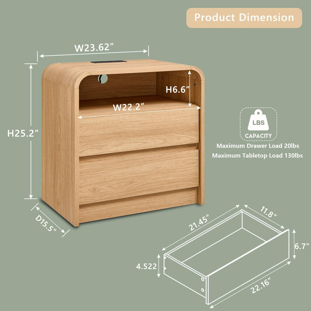 Aitjunz 25" Tall Modern Nightstand Set of 2, 23.6'' Wide Wood Bedside Table w/2 Storage Drawers, Charging Station, Mid Century End Table for Bedroom, Living Room,Curved Profile Design, Natural Oak
