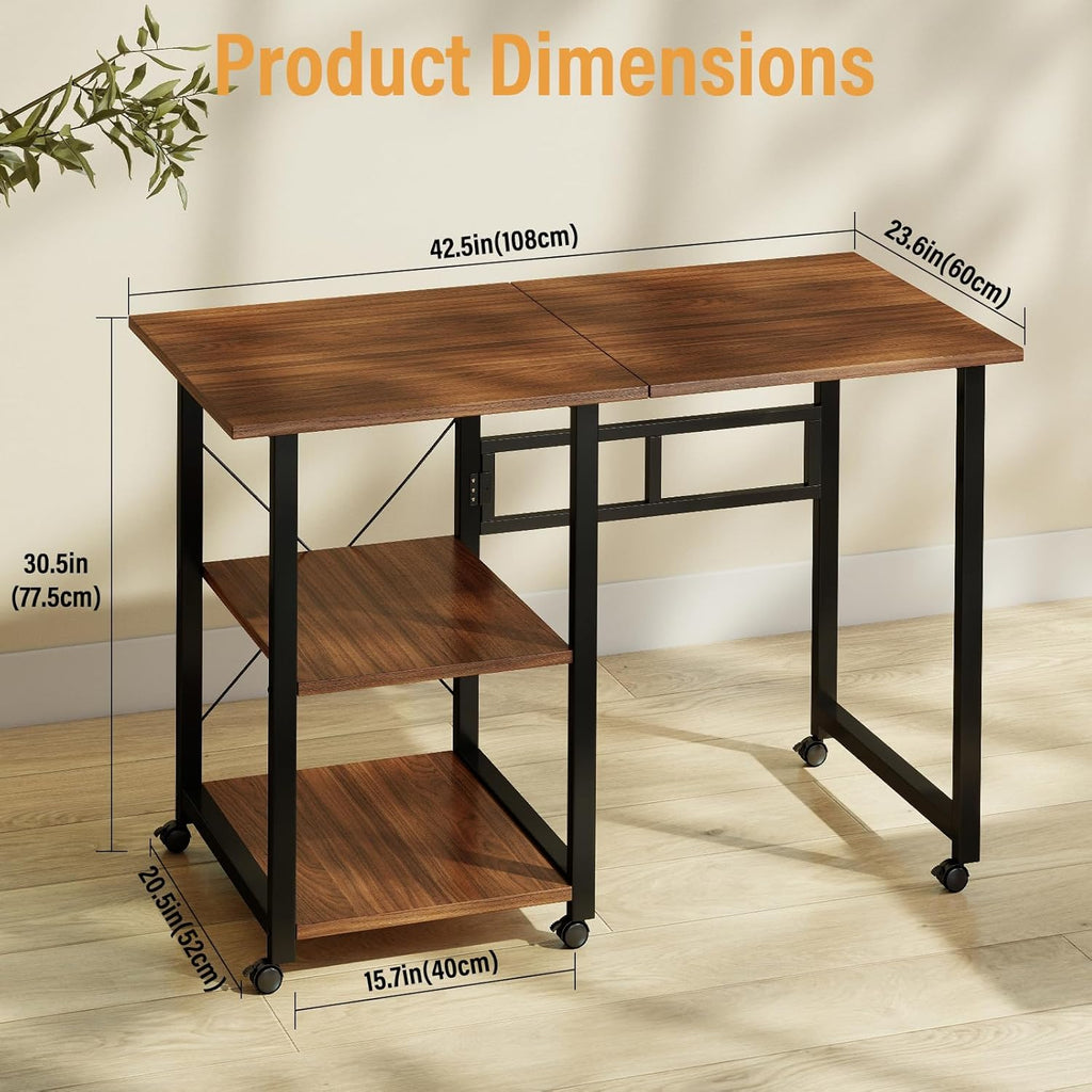 Funecy Folding Desk with Storage Shelf, Writing Office Computer Desk, 42.5 Inch Multi-Purpose Folding Dining Table, Mobile Table with Wheels (Brown)