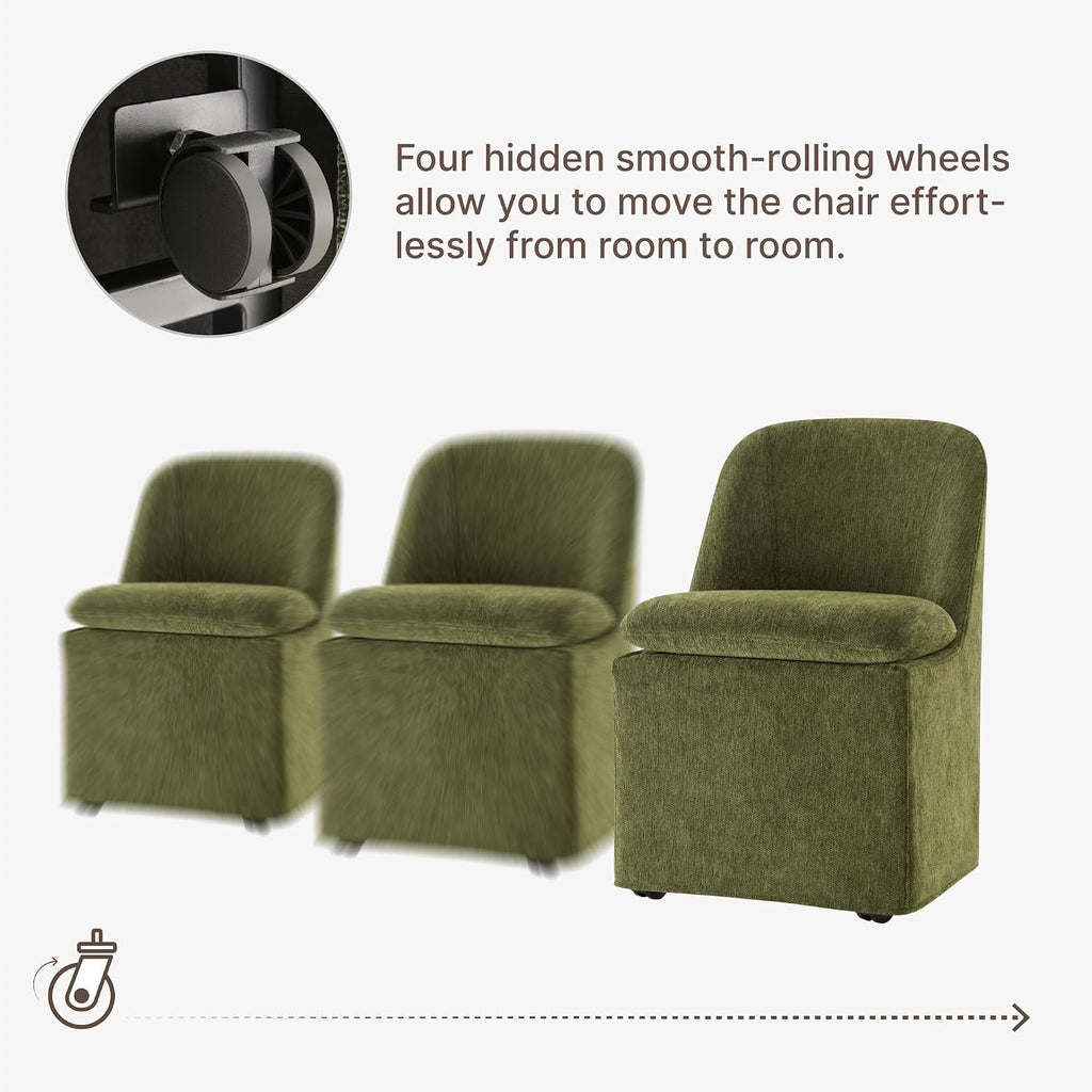 KISLOT Upholstered Dining Chairs Set of 4 with Hidden Casters, Modern Kitchen Chairs with Removable Washable Cover, Padded Dining Room Chairs with Chenille Velvet Fabric & Metal Frame, Green
