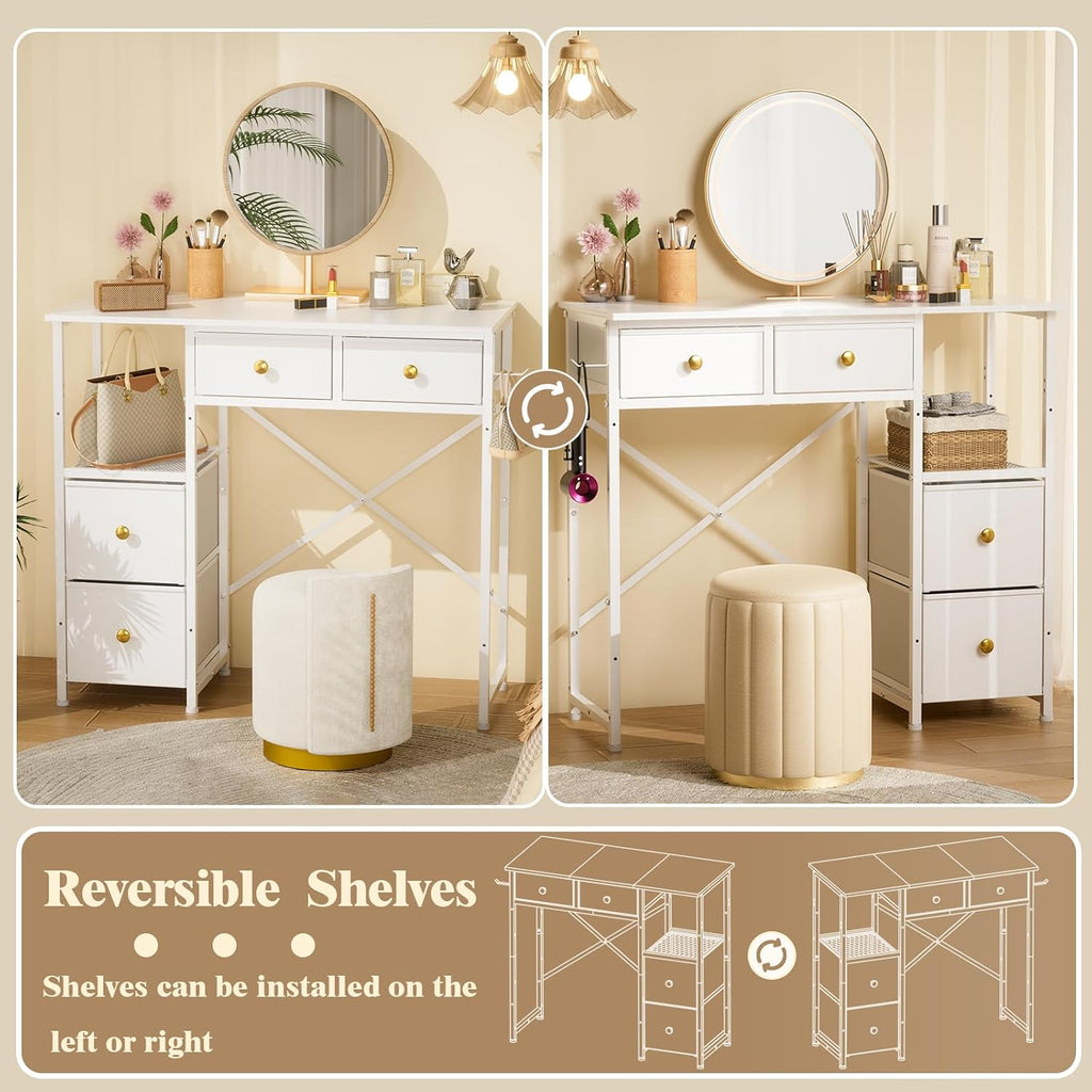 3IngSeagulls White Vanity Desk Without Mirror, Small Makeup Desk with 4 Fabric Drawers, 33.5 Inches Dressing Table with Storage, Vanity Table for Bedroom with Hook, White