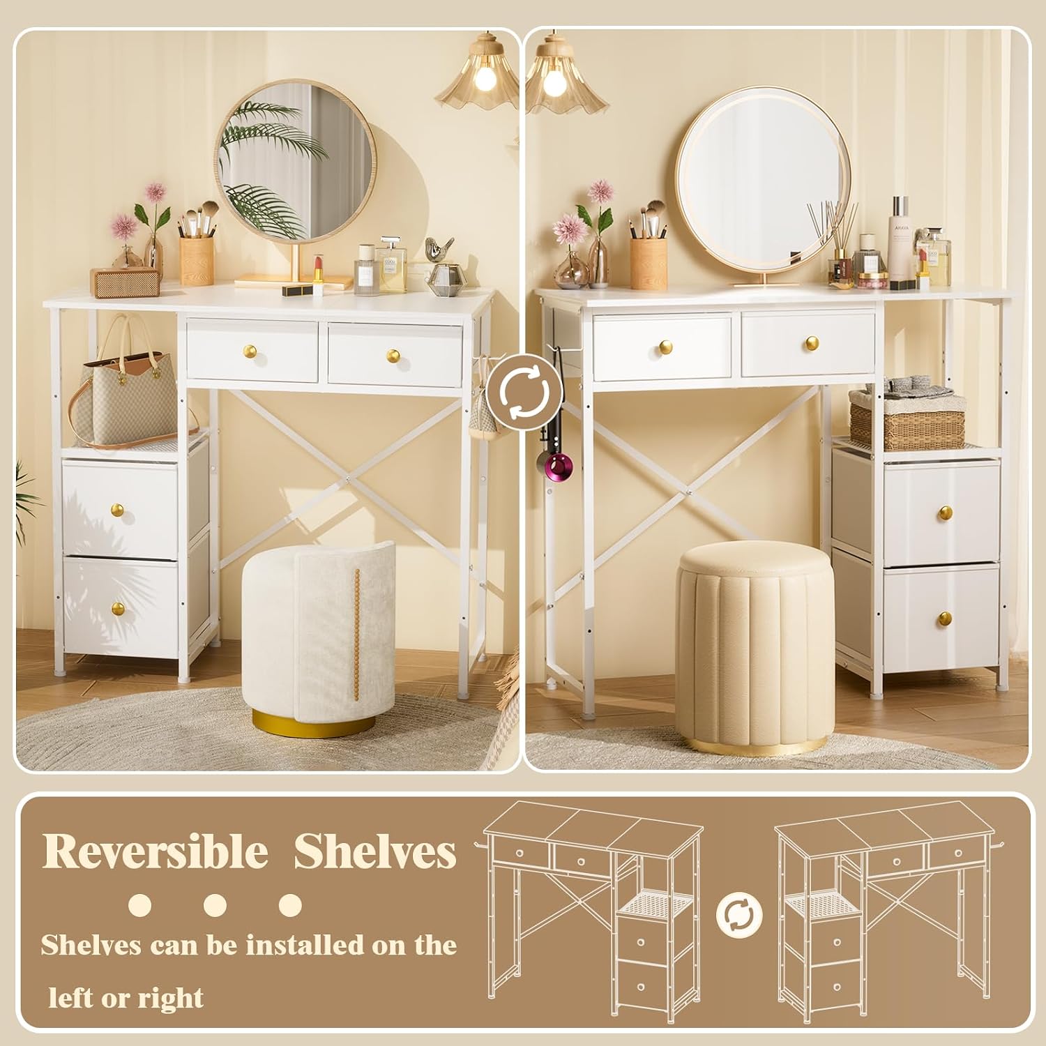 3IngSeagulls White Vanity Desk Without Mirror, Small Makeup Desk with 4 Fabric Drawers, 33.5 Inches Dressing Table with Storage, Vanity Table for Bedroom with Hook, White