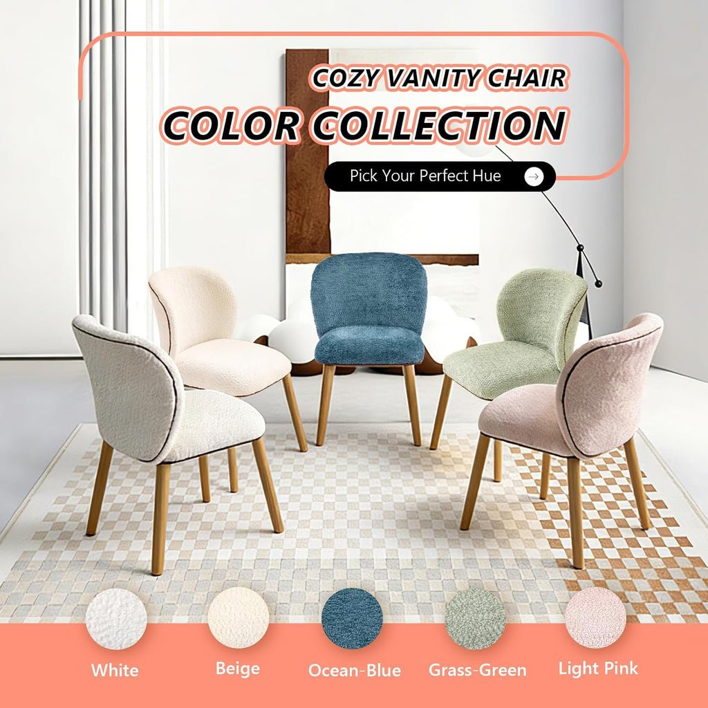VINGLI Chenille Curved-Back Armless No Wheels Vanity Chair for Girls, Cute & Furry Upholstered Desk Chair with Solid Wood Legs for Study/Makeup/Bedroom/Dressing, Fluffy Makeup Chair for Teens, White
