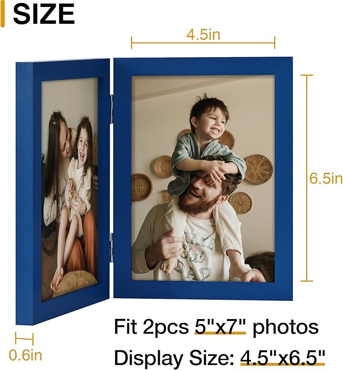 decorUhome Double 5x7 Picture Frame Vertical, Engineered Wood Bifold Photo Frame with Plexiglass for Tabletop Display, 5x7, Royal Blue
