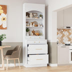 Set of 2 Tall Kitchen Pantry Storage Cabinet with Faux Marble Top, Freestanding Pantry Cabinet with 5 Storage Drawers and Adjustable Shelf Modern Kitchen Hutch Display Cupboard Food Cabinets, White