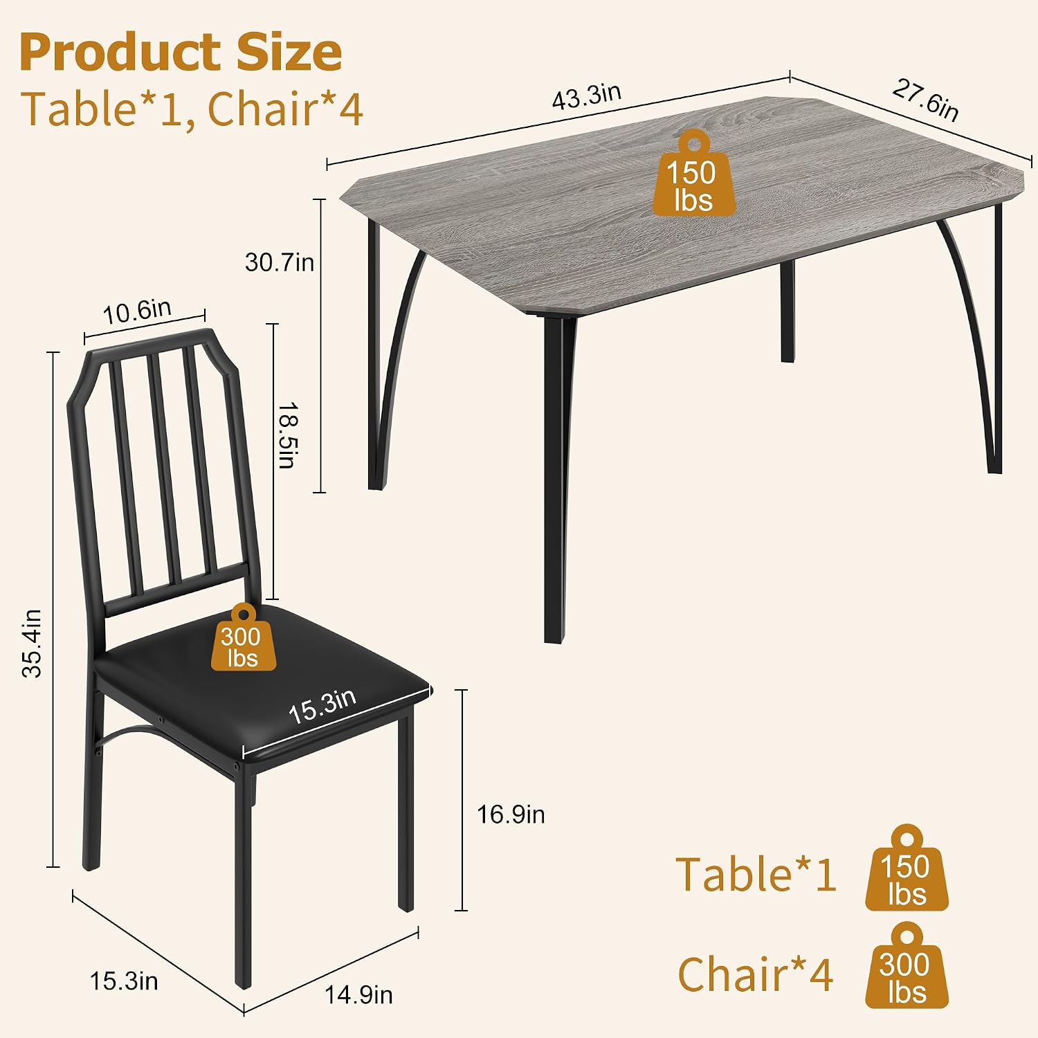 GAOMON 5-Piece Dining Table Set for 4, Modern Kitchen Table with Chamfered Design and Upholstered Chairs, Leather-Cushioned Seats for Small Spaces and Apartments, Space-Saving (Gray/Black,5 Pack)