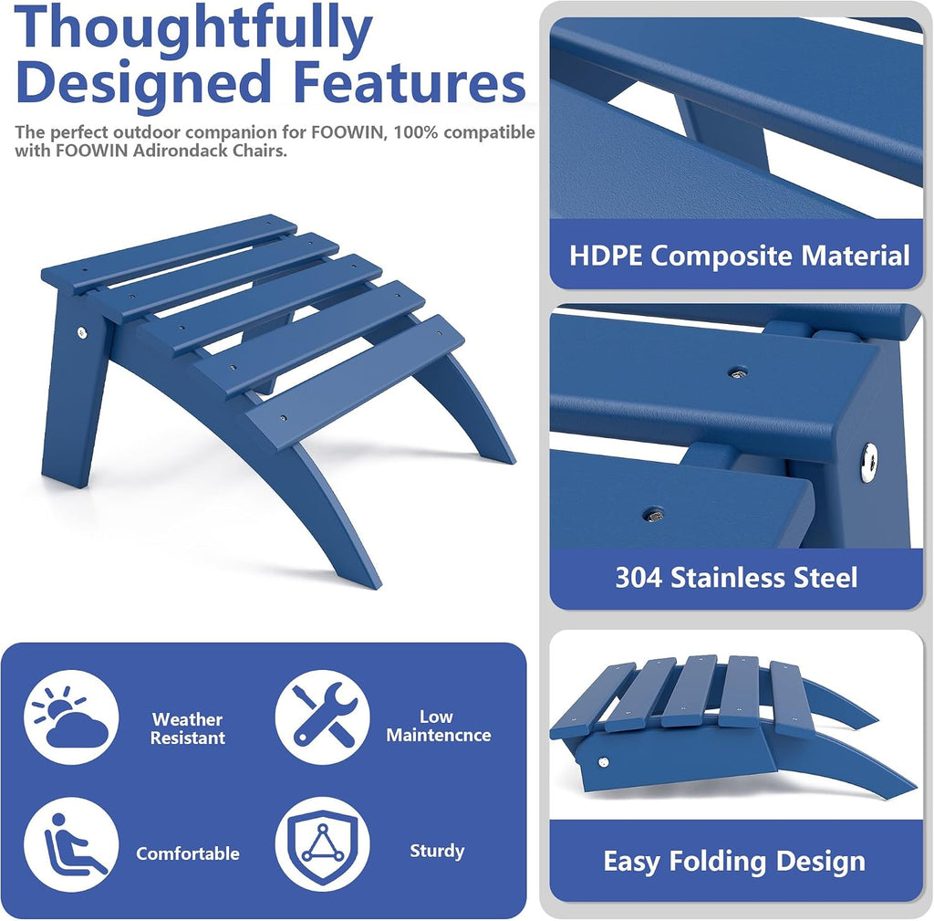 FOOWIN Folding Adirondack Ottoman Set of 4, HDPE All Weather Adirondack Footrests, Ottoman for Adirondack Chair,Patio Footstool for Outside Easy Storage,for Patio, Backyard, Porch, Garden, Navy Blue