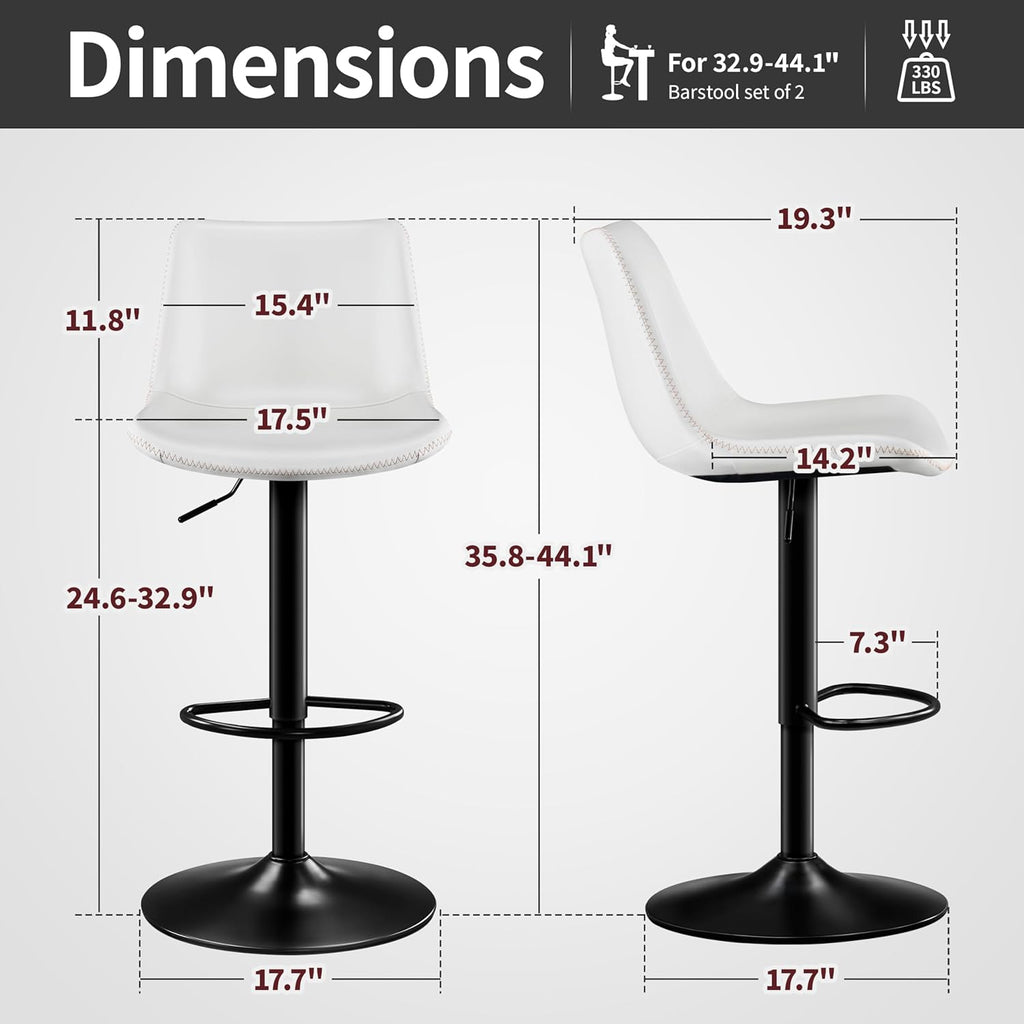 STOOLINK Adjustable Bar Stools Set of 2, Faux Leather Bar Stools with Back | Swivel Bar Chairs with 7.3" Footrest, Counter Height Bar Stools for Kitchen Island, Bistro, 17.5" Wide Seat, White