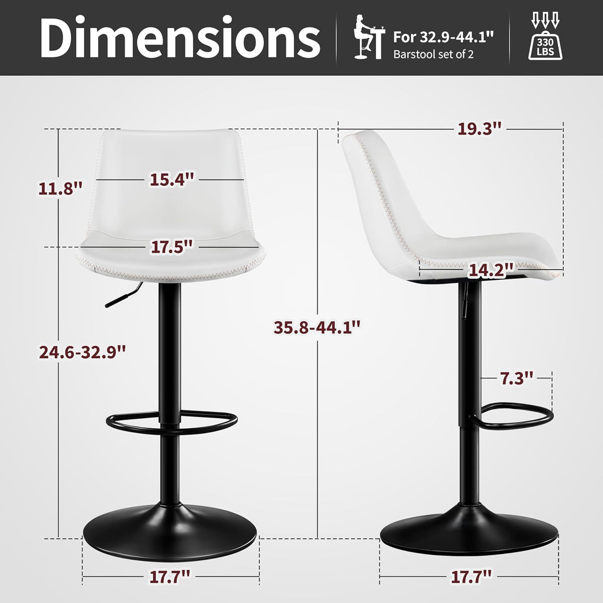 STOOLINK Adjustable Bar Stools Set of 2, Faux Leather Bar Stools with Back | Swivel Bar Chairs with 7.3" Footrest, Counter Height Bar Stools for Kitchen Island, Bistro, 17.5" Wide Seat, White