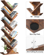 SHEEPAM 10 Tier Tree Book Shelf, Floor Standing Wood Bookshelf for Narrow Space, Storage Organizer Bookshelves for Books/CDs/Magazine, Bookcase with Shelves for Home Office, Living Room - Brown