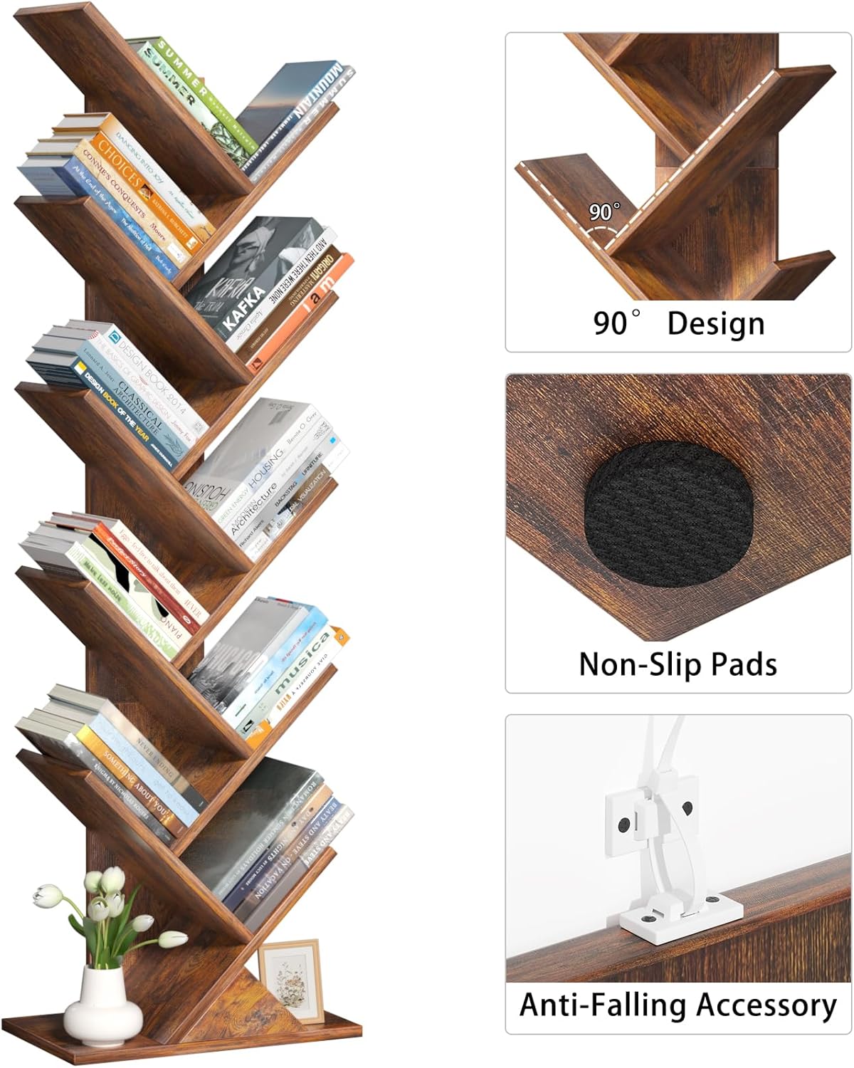 SHEEPAM 10 Tier Tree Book Shelf, Floor Standing Wood Bookshelf for Narrow Space, Storage Organizer Bookshelves for Books/CDs/Magazine, Bookcase with Shelves for Home Office, Living Room - Brown