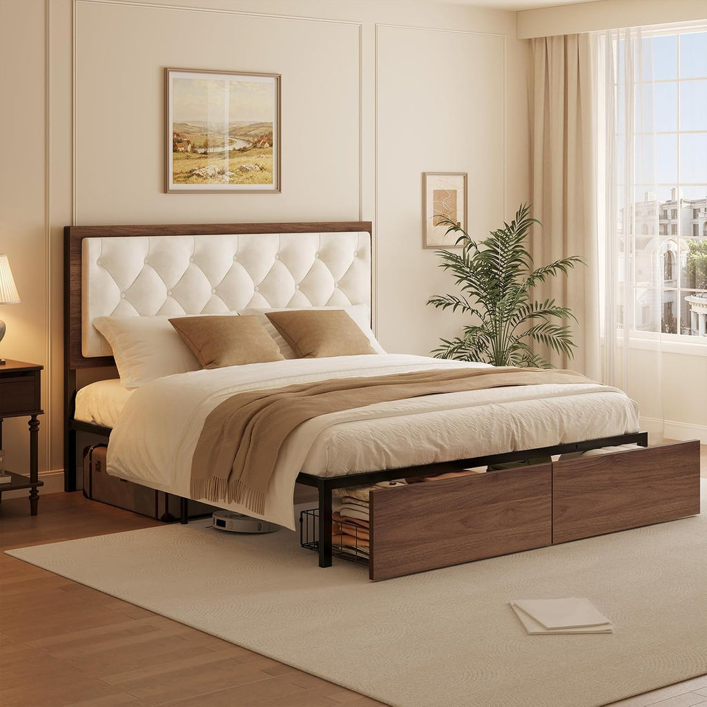 Queen Size Bed Frame with 2 Storage Drawers & Upholstered Headboard, Mid-Century Modern Platform Bed, Tufted Headboard, Metal Slat Support, No Box Spring Needed, Noise-Free, Easy Assembly, Walnut
