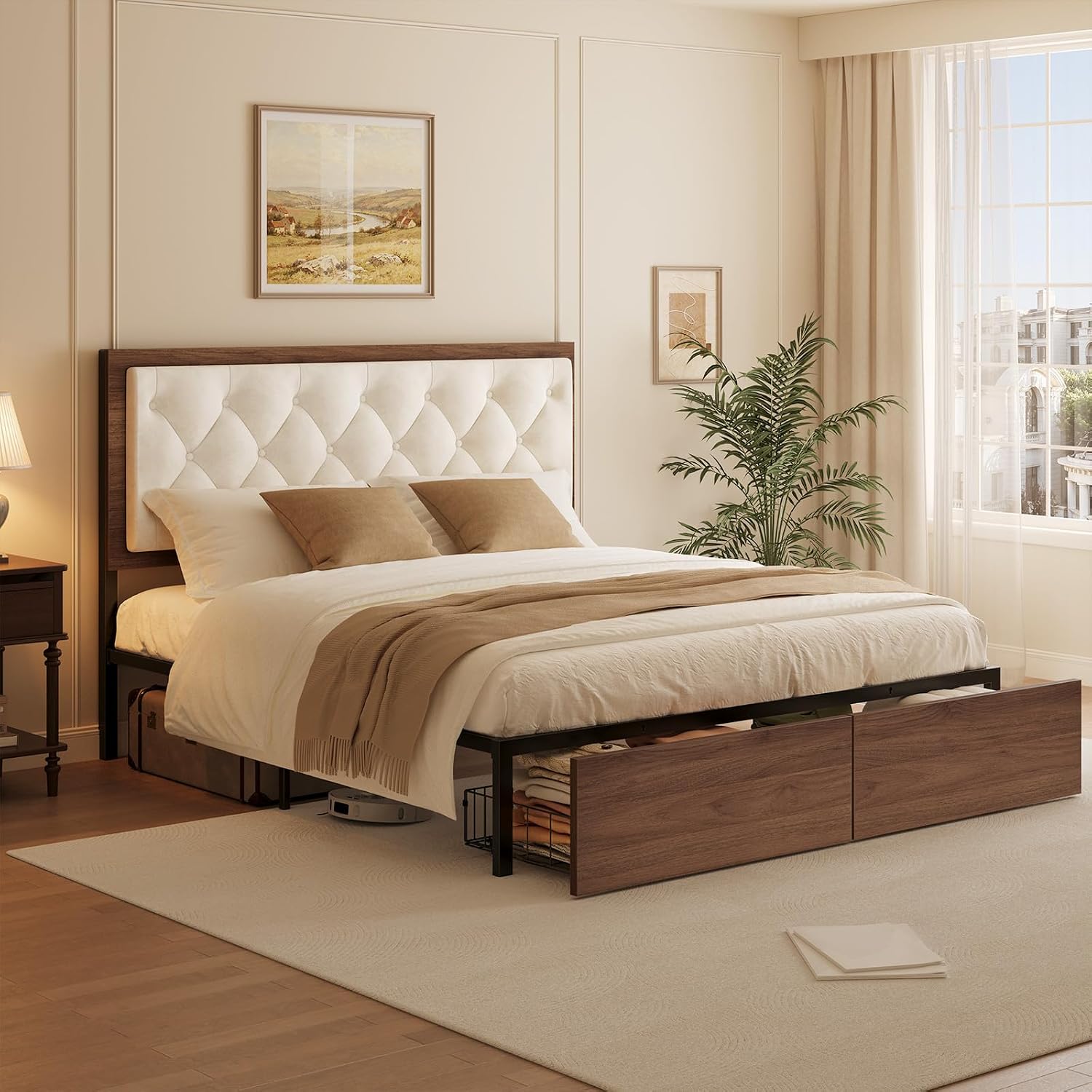 Queen Size Bed Frame with 2 Storage Drawers & Upholstered Headboard, Mid-Century Modern Platform Bed, Tufted Headboard, Metal Slat Support, No Box Spring Needed, Noise-Free, Easy Assembly, Walnut