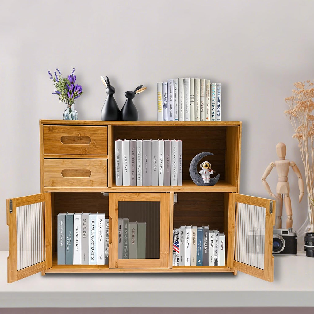 Small Bamboo Kitchen Pantry Sideboard, with Two Drawers, One Open Space, Large Bottom Space with Doors, Freestanding Countertop Storage Cabinet for Bottles, Dish, Bowl, Console