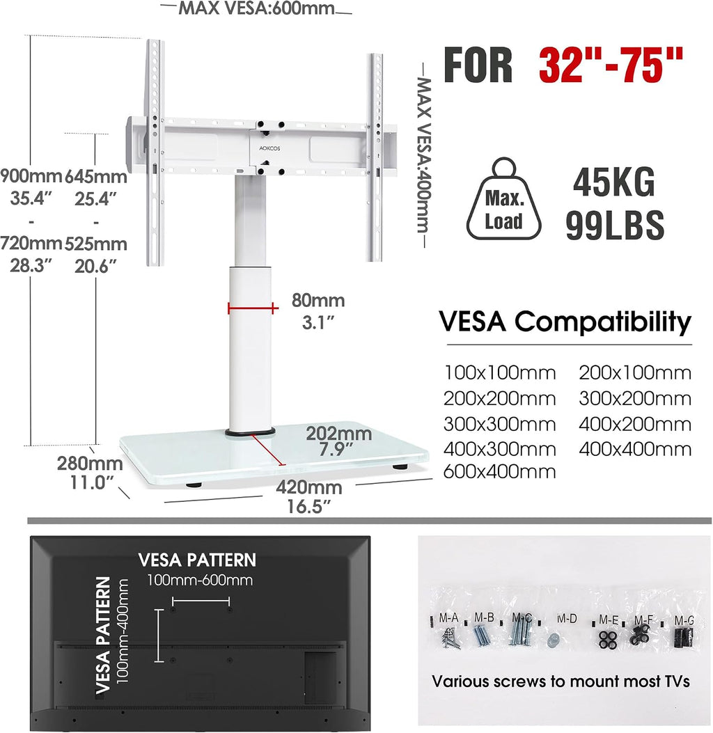 Swivel Universal TV Stand for 32-75 inch TVs with Tilt Down/Up, 8 Levels Height Adjustable Table Top TV Mount Stand with Stable Heavy Duty Tempered Glass Base, MAX VESA 600x400 mm up to 99lbs, White