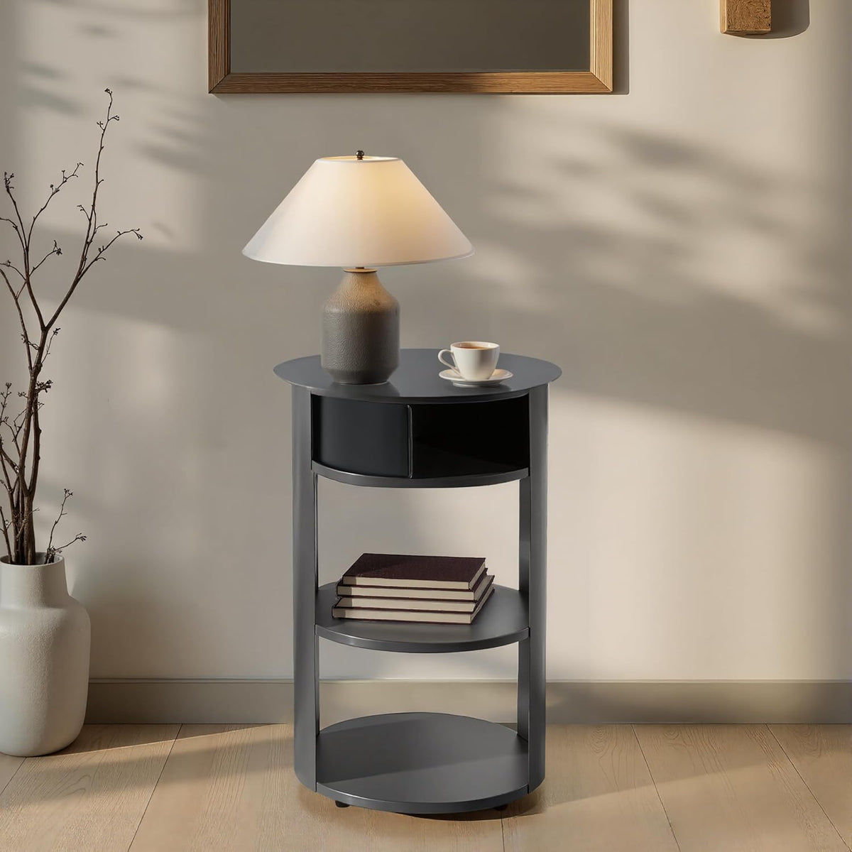 GDFStudio 3-Tier Modern Round Side Table with Sliding Door Storage, Pre-Assembled Matte Black Metal End Table for Living Room or Office – Space-Saving Cylindrical Design with Open Shelves